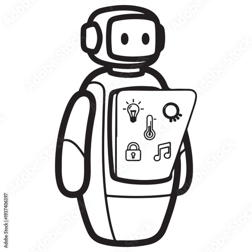 Friendly smart home robot assistant displaying automation icons for lighting, temperature, and security on a chest screen, representing IoT control and AI in a clean black and white line art style.