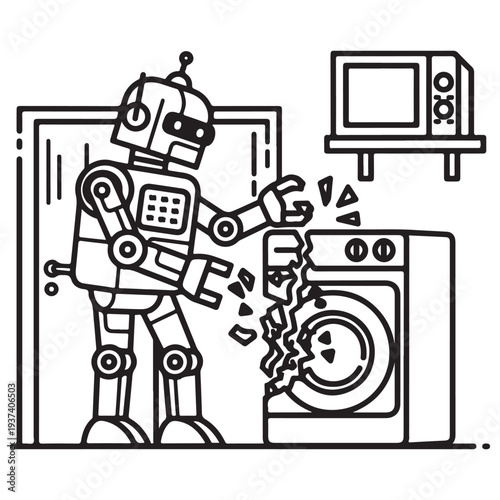 Retro robot character smashing a washing machine in a laundry room, black and white line art illustration of technological malfunction and domestic chaos, minimalist vector style for coloring.