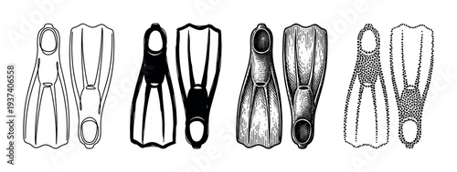 Diving flippers illustrated in four different graphic styles, a collection showing line art, silhouette, vintage engraving, and pointillism stippling techniques