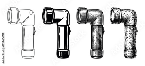 Set of four pipe elbow fittings illustrated in different artistic styles including line art, solid graphic, engraving, and stippling for plumbing or industrial design concepts