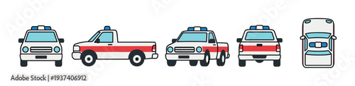 Set of emergency service pickup truck illustrations showing the vehicle from front, side, rear, top, and three-quarter views in a flat, minimalist cartoon graphic style