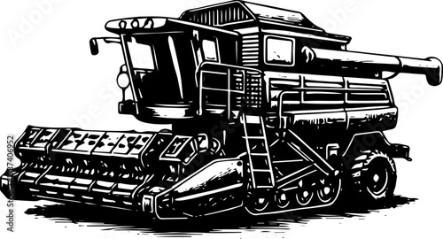 Black and White Combine Harvester Agricultural Illustration