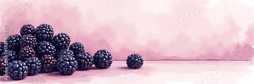 Ultra wide illustration of a pile of fresh blackberries arranged on the left side with soft watercolor background and large copy space, ideal for healthy food ads, menus, and header banners