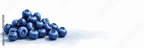 Ultra wide illustration of a pile of fresh blueberries arranged on one side with soft watercolor background and large copy space, ideal for healthy food ads, menus, and header banners