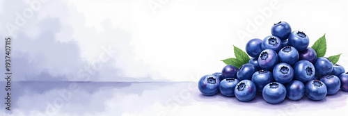 Ultra wide illustration of a pile of fresh blueberries arranged on one side with soft watercolor background and large copy space, ideal for healthy food ads, menus, and header banners