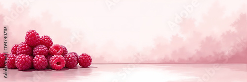 Ultra wide illustration of a pile of fresh raspberries arranged on one side with soft watercolor background and large copy space, ideal for healthy food ads, menus, and header banners