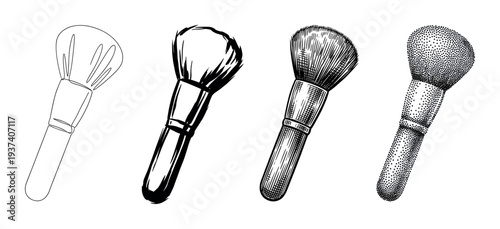 Set of four makeup brushes illustrated in different artistic styles including line art, ink wash, engraving, and stippling for beauty and cosmetic design