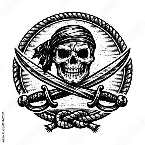 Vintage Pirate Skull with Crossed Sabers Emblem, Nautical Rope Frame and Sailor's Knot, Classic Engraved Style Illustration for Maritime Adventures, Buccaneer Themes, and Old Sea Legends Graphic Desig