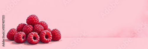 Ultra wide illustration of a pile of fresh raspberries arranged on the left side with soft watercolor background and large copy space, ideal for healthy food ads, menus, and header banners