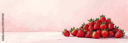 Ultra wide illustration of a pile of fresh strawberries arranged on one side with soft watercolor background and large copy space, ideal for healthy food ads, menus, and header banners