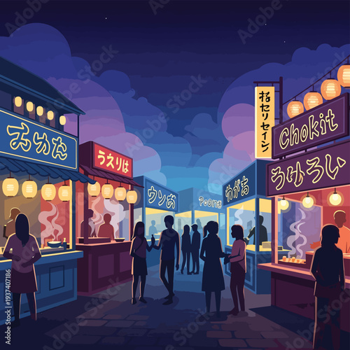 Vibrant Street Food Stalls at Night.