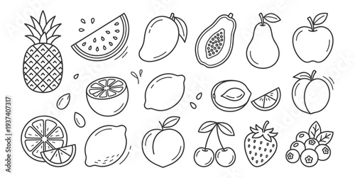 Fresh fruit line icons set with pineapple watermelon mango papaya pear apple lemon peach cherry strawberry and healthy food elements on transparent background