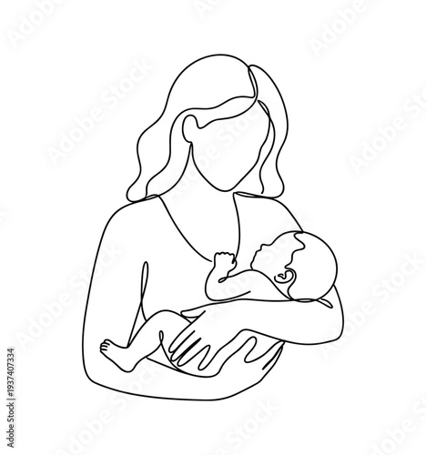 Mother holding baby line art illustration symbolizing motherhood care bonding and breastfeeding parent with newborn child on transparent background