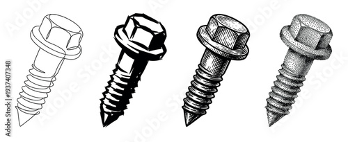 Four hex head flange screws illustrated in a row using diverse artistic methods from continuous line art and silhouette to detailed engraving and stippling dotwork