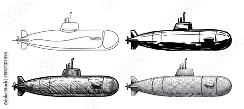 Four hand-drawn submarine illustrations in various artistic styles showcase a collection of naval vessels using line art, ink wash, engraving, and stippling techniques