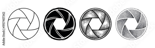Set of four black camera shutter icons rendered in different artistic techniques like line art, solid silhouette, detailed engraving, and dotwork illustration