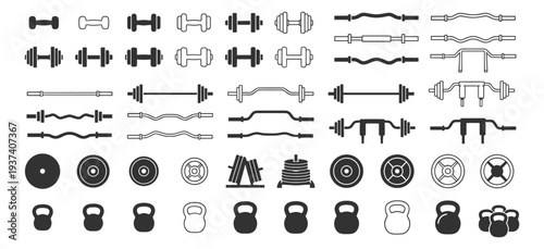 Fitness gym and weightlifting equipment icons set with barbell dumbbell kettlebell weight plates and strength training workout symbols on transparent background
