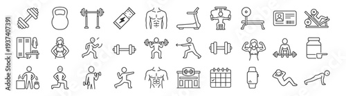 Fitness gym workout and strength training line icons set with barbell dumbbell kettlebell treadmill athlete bodybuilding equipment and exercise symbols on transparent background