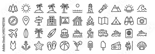 Travel and tourism line icons set with beach mountain camping hiking cruise airplane passport map compass and vacation adventure symbols on transparent background