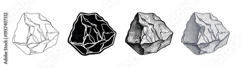 Set of four hand-drawn rock illustrations in diverse graphic styles, including simple line art, a bold silhouette, detailed engraving, and a retro halftone dot pattern