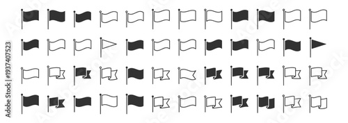 Flag banner and flagpole icon set with outline and solid symbols for marker signal navigation direction and finish checkpoint indicators on transparent background