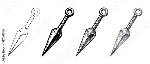 Collection of four kunai throwing knives drawn in different artistic styles, from simple line art and bold ink to detailed engraving and stippling dotwork techniques