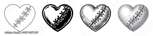 Four black and white stitched heart icons representing heartbreak and healing are presented in various artistic styles like line art, engraving, and pointillism