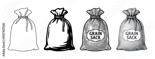 Set of four black and white sacks illustrated in different graphic styles including outline, silhouette, engraving, and stippling for a vintage, hand-drawn aesthetic