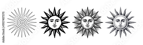 Set of four vintage sun illustrations with human faces in various artistic styles like engraving, stipple, and line art, representing esoteric and celestial concepts