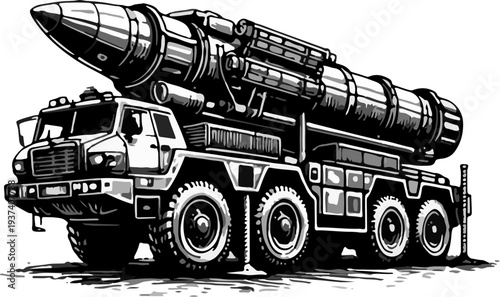 Heavy Military Missile Launcher Truck with Nuclear Rocket on Transporter Vehicle – Vintage Black and White Engraving Illustration