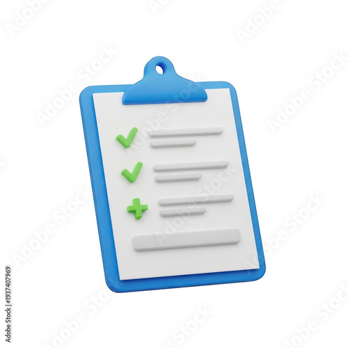 A blue clipboard with a checkmark and a blank page ready for notes isolated on transparent background