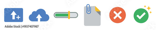 Set of colorful flat user interface icons for file uploading, cloud storage, progress bar, attachment, and status notifications like success and failure