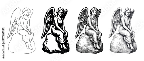 Set of four black and white angel illustrations showing different artistic styles from line art and brushstroke to detailed engraving and stippling for a creative concept