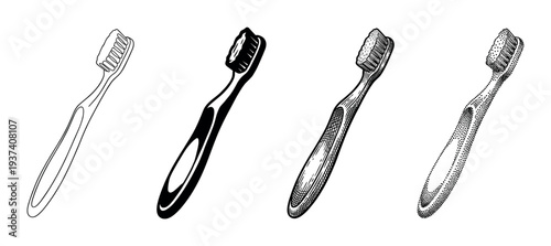 Set of four toothbrush illustrations in different graphic styles, including outline, silhouette, vintage engraving, and stippling for dental hygiene and oral care concepts