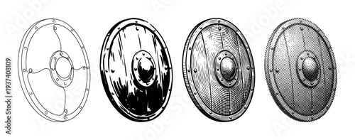 Set of four round Viking shields illustrated in different graphic styles, including outline, ink wash, detailed engraving, and a classic halftone dot pattern