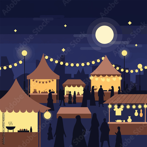 Night Market Scene with People and Stalls.