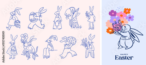 Hand-drawn Easter bunny ink illustration set featuring cute rabbits in different poses with eggs, baskets, flowers, and spring elements. 