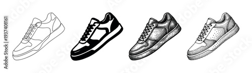 Four black and white sneaker illustrations showing various graphic techniques like continuous line drawing, a high contrast silhouette, detailed hatching, and dotwork stippling