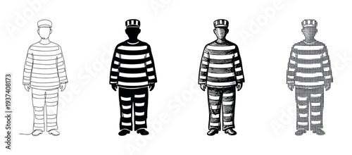 Set of four prisoner illustrations in different artistic styles, including continuous one-line drawing, solid silhouette, hand-drawn engraving, and a halftone dot pattern