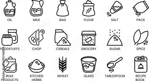 Collection of food and kitchen ingredient with labels milk flour salt