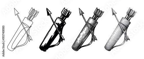 Set of four quiver and arrow illustrations in different artistic styles including line art, silhouette, engraving, and stippling for a vintage or historical theme