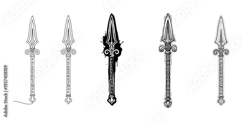 Set of five ornate fantasy spears with runic inscriptions presented in various artistic styles from line art and silhouette to detailed engraving and stippling dotwork