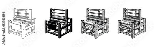 Four illustrations of a wooden weaving loom presented in a set of different graphic styles including line art, silhouette, woodcut, and stippling for craft and textile concepts