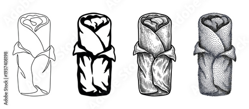 Burrito wrap illustrations in a set of four different artistic styles, including continuous line art, bold silhouette, vintage engraving, and detailed stippling