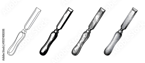 Set of four wood chisels illustrated in different black and white artistic styles including line art, silhouette, engraving, and stippling for a vintage, hand-drawn aesthetic