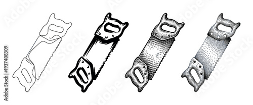 Set of four black handsaw illustrations showing various graphic techniques like contour line art, bold ink sketch, detailed engraving with hatching, and classic stippling