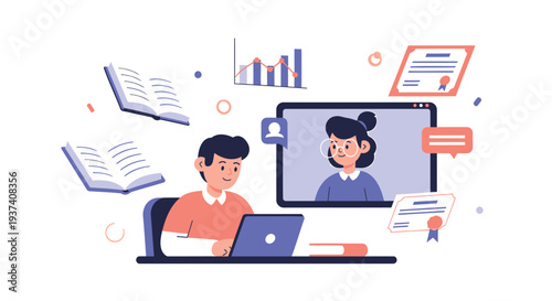 Vector illustration of online learning with student and teacher