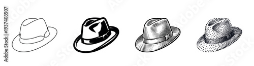 Set of four vintage fedora hat illustrations rendered in different graphic styles, including simple line art, engraving, high contrast silhouette, and stippling dot work