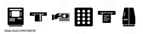 Set of black minimalist ATM machine icons depicting financial transactions like withdrawing money, inserting a card, using a keypad, and printing a receipt