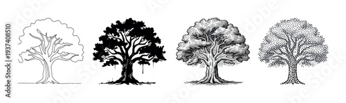 Four black tree illustrations in a row demonstrating various graphic techniques like simple outline, solid silhouette, detailed woodcut, and modern pointillism